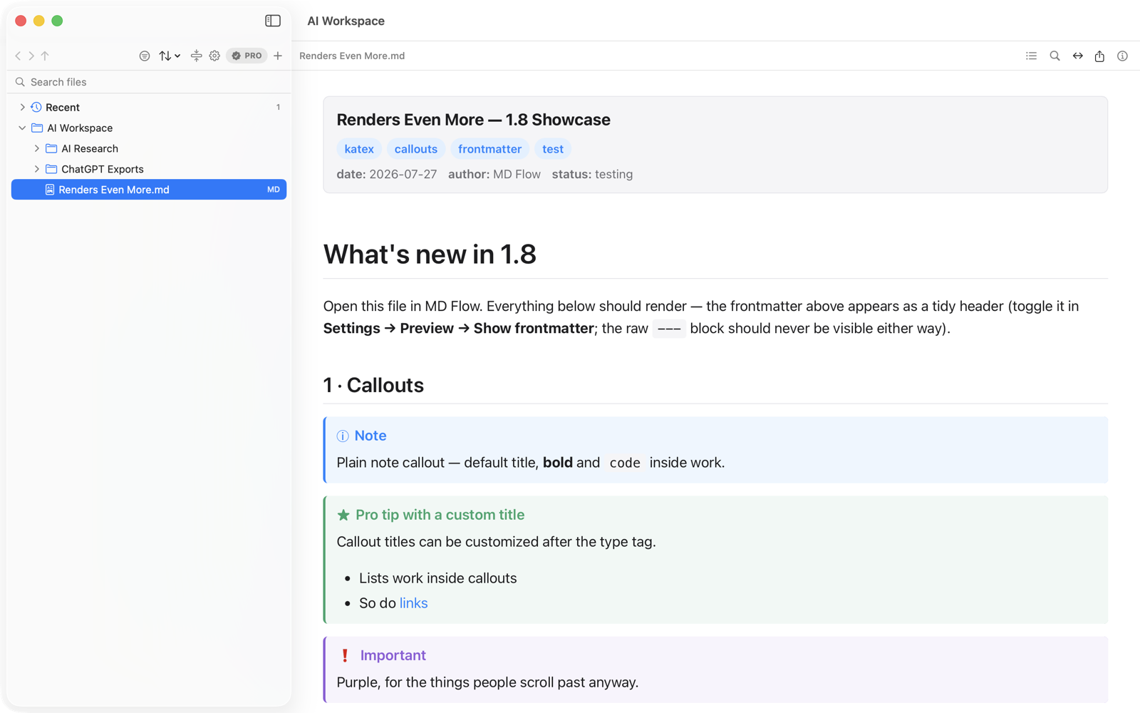 MD Flow on macOS — a folder tree beside a rendered Markdown document with callouts and math